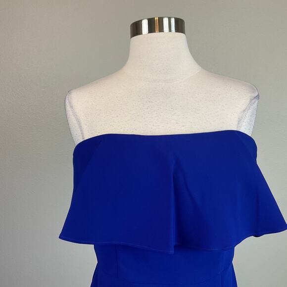 Aidan Mattox Strapless Cocktail Dress Size 8 Blue Colorful Ruffled Midi Sheath - Picture 5 of 11
